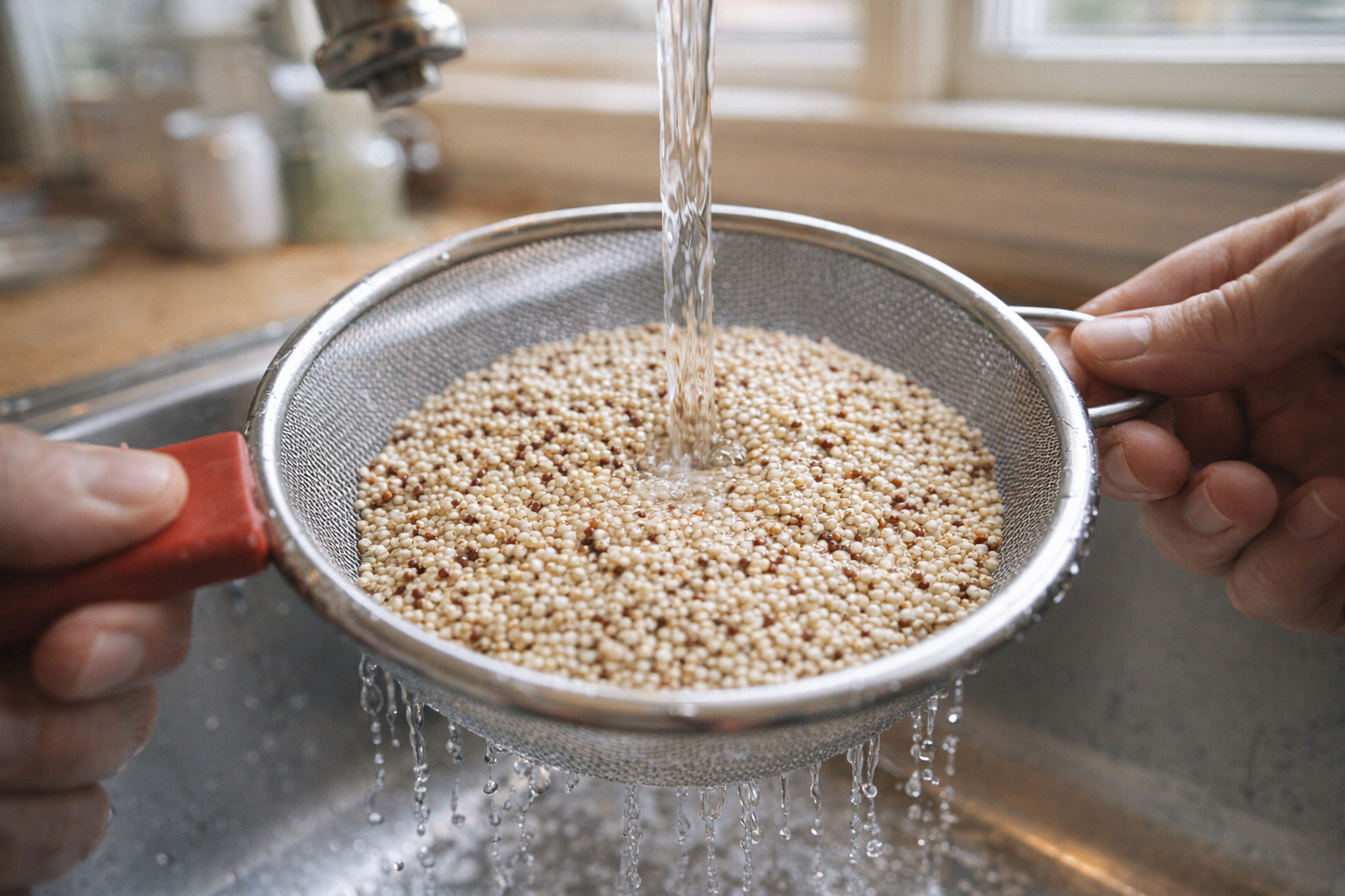 Uncooked quinoa in a fine-mesh sieve being rinsed under a running tap, bright kitchen light